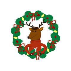 vector greeting card deer in a wreath. Merry Christmas and a happy new year