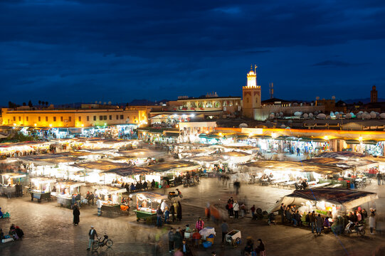 View of the Djemaa El Fna square at nighttime, Marrakech, Morocco.