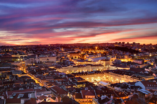 Vista over Lisbon's downtown and many of it's iconic monuments (Carmo convent, Praca da Figueira, Rossio), Lisbon, Portugal.