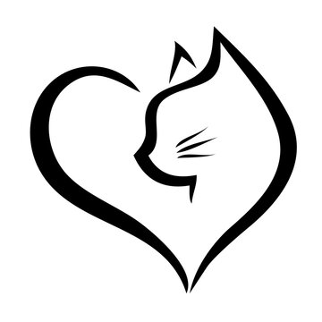Cute black cat in a heart shape, illustration over a transparent background, PNG image