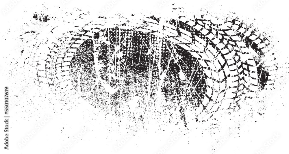 Poster vector print textured tire track banner. design element . car tread silhouette . mud splash grunge t