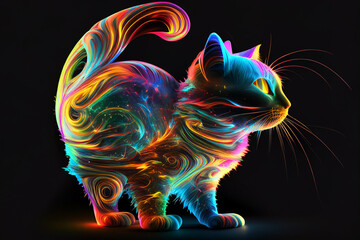 Digital illustration of an abstract cat shining in rainbow colors, infinite turbulence, fluorescent red colours comforting and relaxing design.