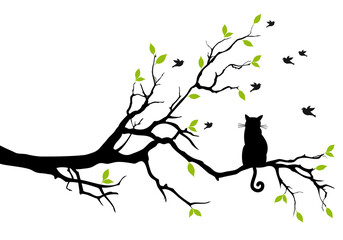 Black cat sitting on a tree branch, watching birds, illustration over a transparent background, PNG image - 550107848