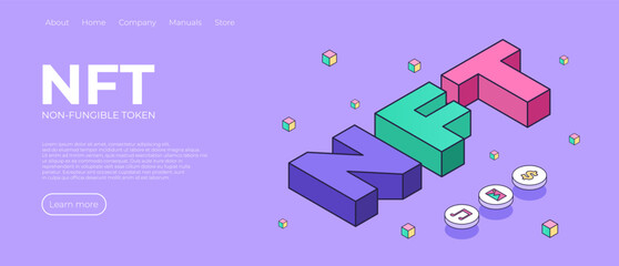 NFT theme design landing page. NFT abstract concept illustration in isometric design. Non-fungible token blockchain or marketplace. Vector illustration design