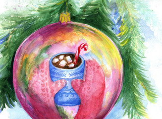 Drinking hot cocoa near Christmas tree, reflection in Christmas tree ornament, mittens, hot drink, winter holiday, winter holiday theme, New Year tree, watercolor illustration   