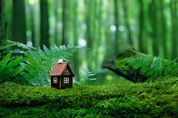 Toy house on moss, green natural abstract forest background. Symbol of family, Mortgage, Real...