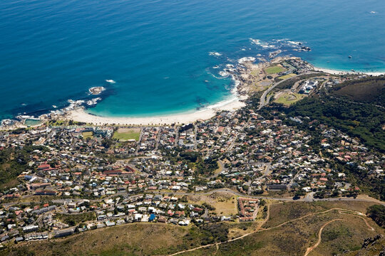 An aerial view, taken from Table Mountain, of Camps Bay Beach on the Atlantic Seaboard of Cape Town, South Africa.