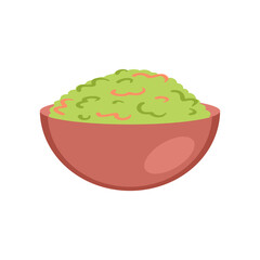 Bowl with delicious guacamole mexican spicy sauce in flat style. Perfect for tee, stickers, menu and logotype. Isolated vector illustration for decor and design.