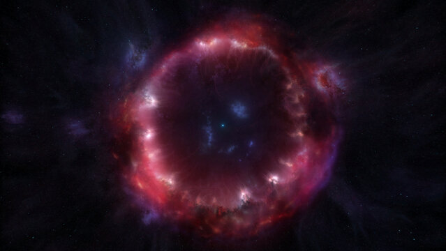 Artistic impression of a white dwarf star in a circular red cloud nebula. Concept science and fiction 3D Illustration depicting interstellar gas clouds and supernova explosion frozen in space and time