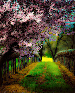 Plum tree blossoms vineyard.