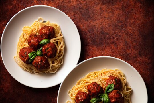 Spaghetti And Meatballs Are Laid Out On Plate For Hearty Dinner