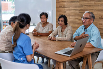 At home care service nurse caregiver take the lead to elderly person exercise in every morning