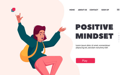 Good Mood Landing Page Template. Happy Healthy Woman Jumping And Laughing. Positive Girl Character Jump In Air