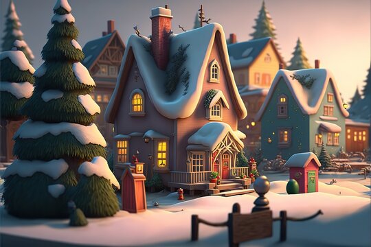 Small little town covered in snow, Christmas scene, cartoon style 