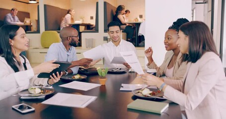 Business people, office meeting and eating lunch while planning strategy, collaboration and marketing agency management at cafeteria table. Diversity group, teamwork and brainstorming ideas with food