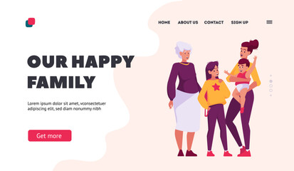 Happy Family Landing Page Template. Mother, Son, Daughter and Grandmother Smiling Characters. Children and Parents