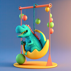 Illustration of a very colorful isolated cute dinosaur playing alone on a swing with balloons
