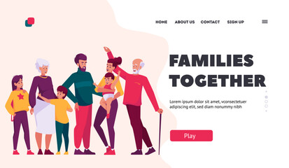 Big Family Together Landing Page Template. Happy Characters Mother, Father, Son, Daughter, Grandfather, Grandmother