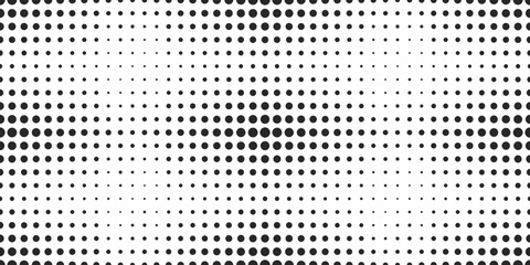 Gradient transition from small to large dots, such as in comics. Seamless and repeating dot grid pattern. Vector for print and different design.
