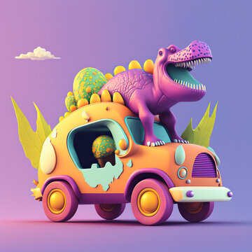 Illustration Of A Dinosaur Riding An Orange Car 