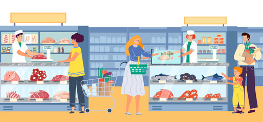 Group of people character together buy meat product in butcher store, local supermarket with organic mince fish flat vector illustration.