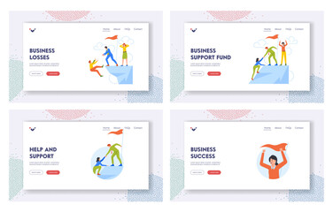 Obraz na płótnie Canvas Business Support and Loss Landing Page Template. Characters Climb the Mountain Top and Fall Down from Rock Edge
