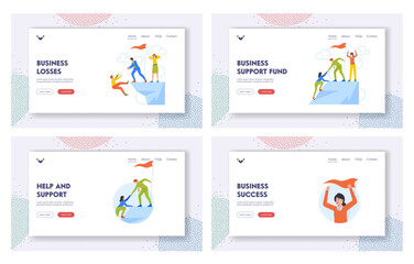 Business Support and Loss Landing Page Template. Characters Climb the Mountain Top and Fall Down from Rock Edge