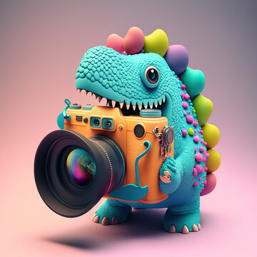 Illustration of a cute dinosaur holding a camara