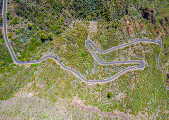 Aerial view of an extreme winding serpentine road in Tenerife island on the way from Masca village to Teide volcano