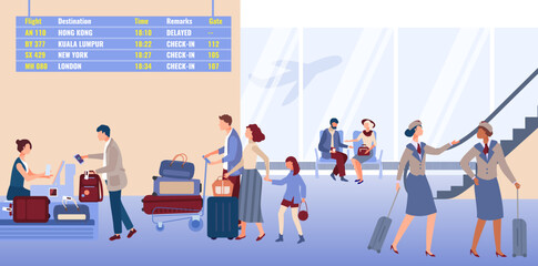 Airport information board, people together walking international air terminal, baggage registering flat vector illustration, isolated on white.