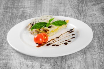 Traditional tasty fresh lasagna dish with sauce