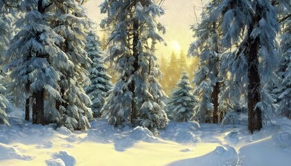 A cold winter landscape with a dense forest. The trees are covered in snow and ice, and the ground is blanketed in a layer of soft white. There is a silence to the scene, broken only by the sound of d