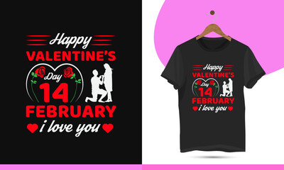 Happy valentine's day 14  February I love you - Valentine's day typography t-shirt design template. Vector illustration with rose, propose couple silhouette. Perfect design for print on the t-shirt. 