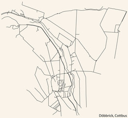 Detailed navigation black lines urban street roads map of the DÖBBRICK DISTRICT of the German town of COTTBUS, Germany on vintage beige background