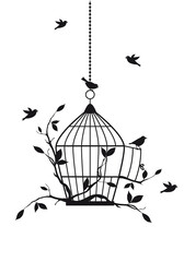 Open bird cage with free birds and tree branches, illustration over a transparent background, PNG image