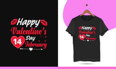 Happy valentine's day 14  February - Valentine's day typography t-shirt design template.  Vector calligraphy illustration with kisses, love, and heart line arrow.