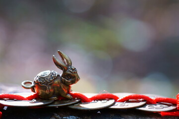 Metal rabbit figurine and Chinese Feng Shui coins.