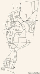 Detailed navigation black lines urban street roads map of the SASPOW DISTRICT of the German town of COTTBUS, Germany on vintage beige background