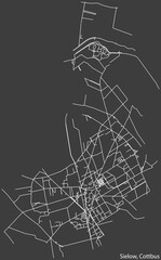 Detailed negative navigation white lines urban street roads map of the SIELOW DISTRICT of the German town of COTTBUS, Germany on dark gray background