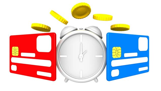 Time of transfer money. One alarm clock and gold coins fly between red and blue credit cards. Seamless looping videos