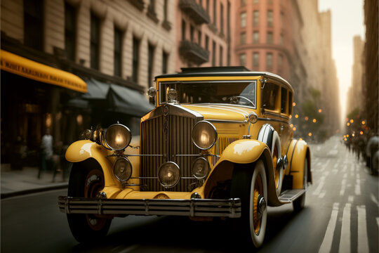 Concept art illustration of great Gatsby driving in yellow car