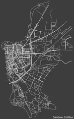 Detailed negative navigation white lines urban street roads map of the SANDOW DISTRICT of the German town of COTTBUS, Germany on dark gray background