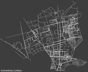 Detailed negative navigation white lines urban street roads map of the SCHMELLWITZ DISTRICT of the German town of COTTBUS, Germany on dark gray background