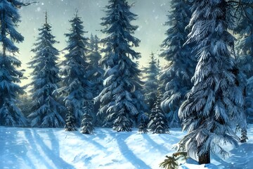 I am standing in the forest, surrounded by tall trees. The ground is covered in a layer of soft white snow and there is a chill in the air. I can see my breath condensing in front of me. In the