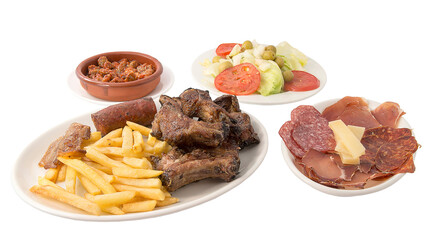 Isolated menu with barbecue ribs, french fries and sausage.