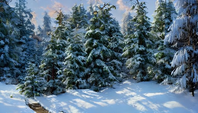 The forest is blanketed in a layer of soft white fluff, the pristine snow undisturbed except for the light imprints of animal footprints. The trees are laden with frost, their limbs drooping under the