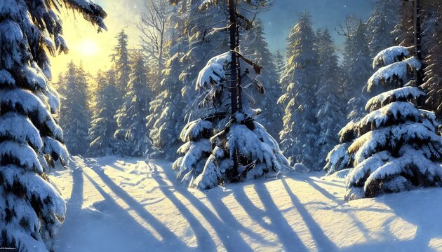 The forest winter landscape is a picture of beauty. The trees are covered in a blanket of snow and the air is crisp and clean. The sun is shining brightly, making the scene even more magical.