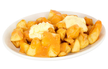 Patatas bravas with spicy sauce and aioli sauce isolated on a plate.