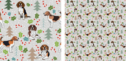 Seamless dog pattern, winter Happy Christmas texture. Square format, t-shirt, poster, packaging, textile, socks, textile, fabric, decoration, wrapping paper. Trendy hand-drawn beagle dog breed.