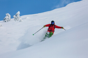 Naklejka na ściany i meble Extreme downhill skiing on a steep slope with snow spraying